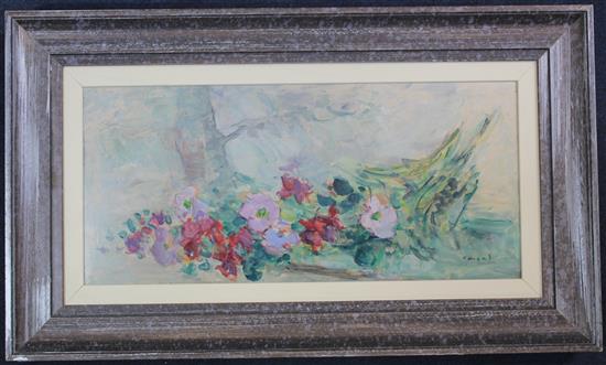Leopold Pascal, (French, 1900-1957) Still life of flowers on ledges, 9.5 x 20.5in.